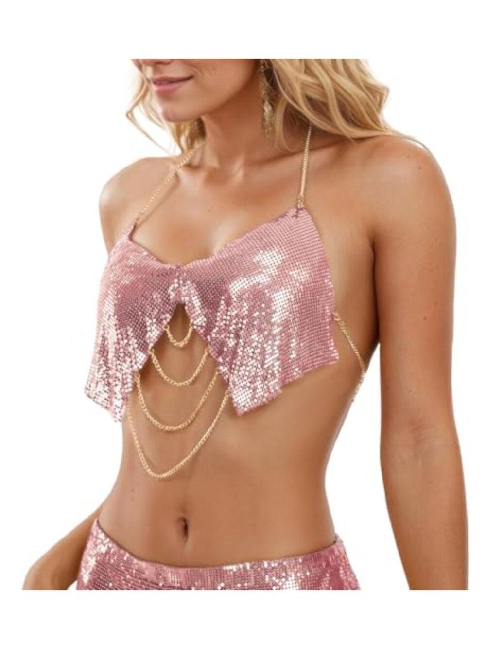 Metallic Sequin Halter Crop Tank Top with Chain Backless Design for Women Party